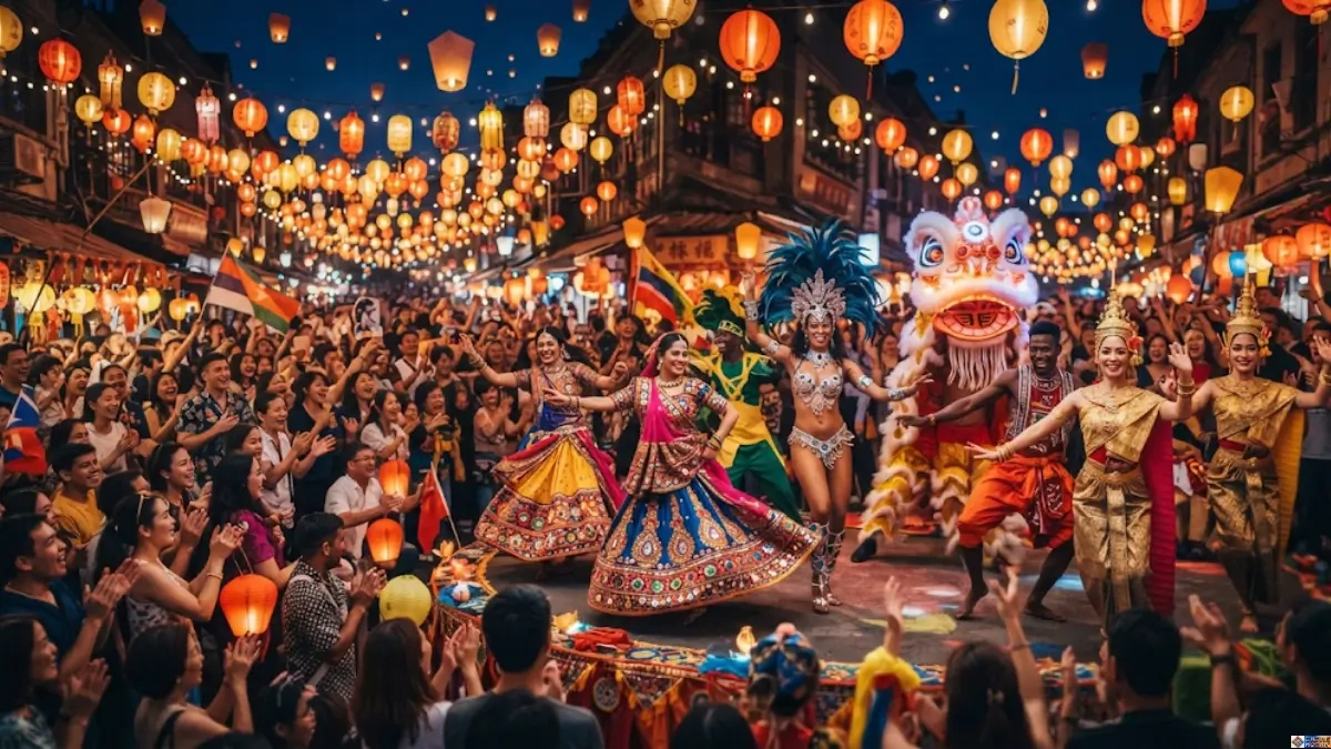 A vibrant night street celebration featuring diverse performers in traditional costumes, representing unique cultural festivals around the world.