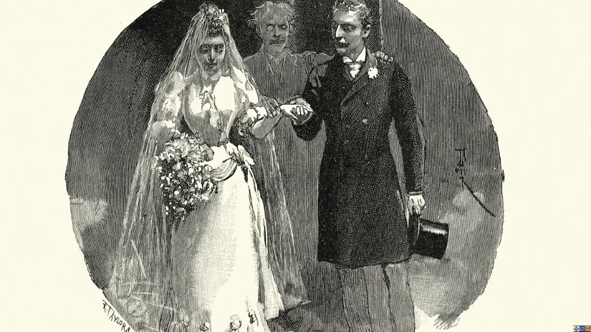 Historic Victorian wedding traditions illustrated showing a 19th-century bride in a white gown and veil alongside her groom