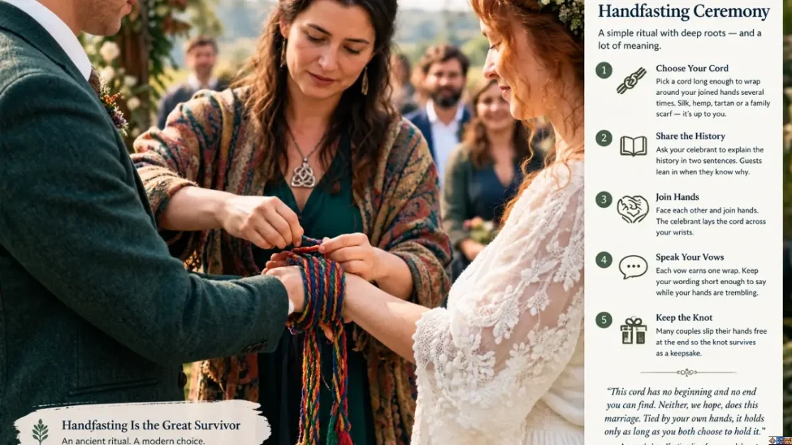A couple participating in a non-religious handfasting wedding ceremony ritual outdoors while a celebrant ties a colorful cord around their wrists.