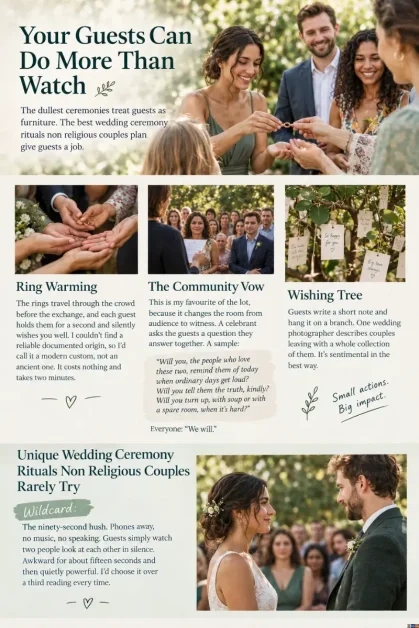 Guests passing rings along their hands during a ring warming ritual at a non-religious wedding ceremony.