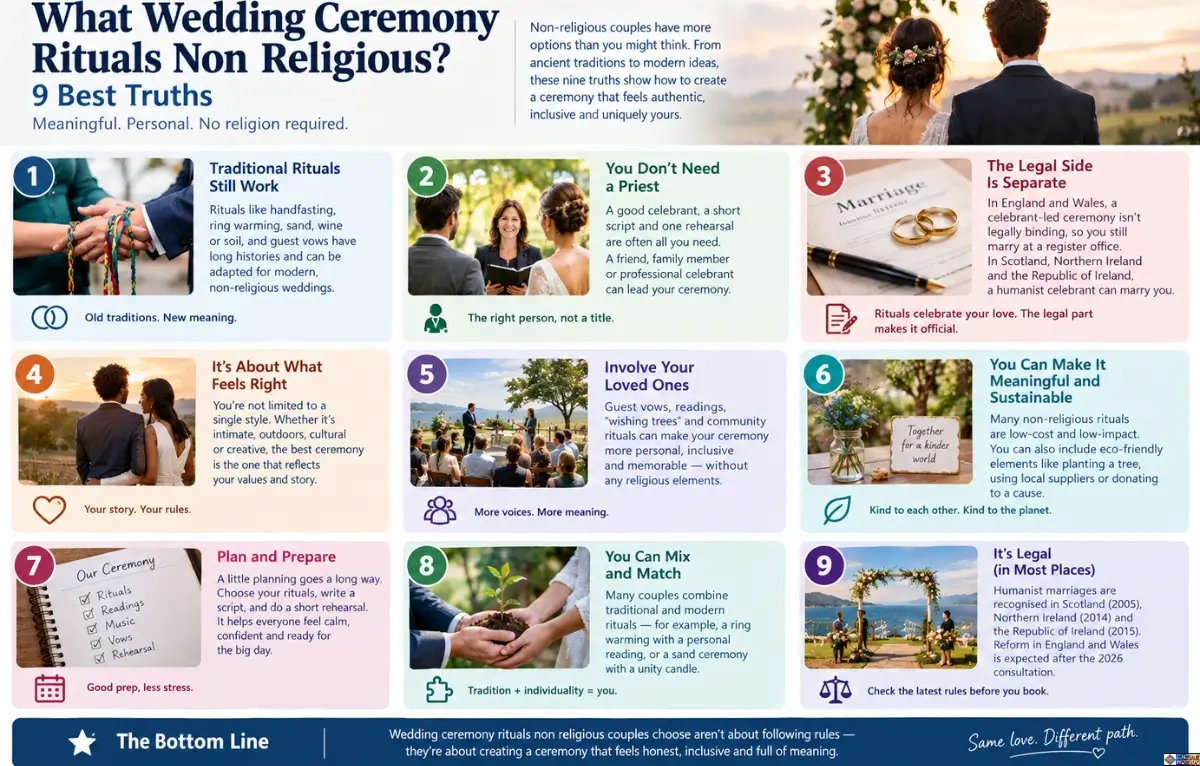 Wedding Ceremony Rituals Non Religious: Infographic featuring nine non-religious wedding ceremony ideas, including handfasting, celebrant-led ceremonies, legal considerations, guest participation, sustainable rituals, planning, and combining traditional and modern traditions.