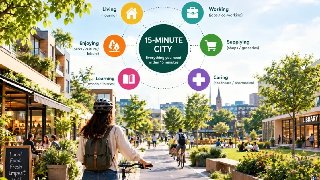 A walkable 15-minute city with homes, shops, healthcare, schools, parks, and workplaces connected by pedestrian and bicycle-friendly streets.