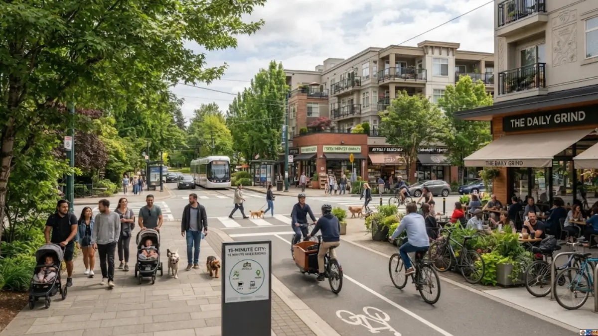What Is a 15-Minute City? : Visual overview explaining what a 15-minute city is: a vibrant, walkable neighborhood featuring pedestrians, cyclists, local shops, and cafes within easy reach.