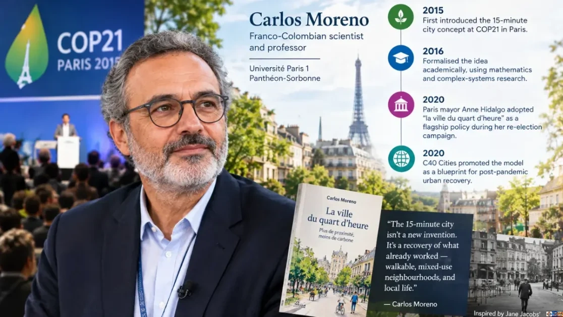 Editorial infographic featuring Carlos Moreno, Paris, COP21, and a timeline showing the development of the 15-minute city concept from 2015 to 2020.