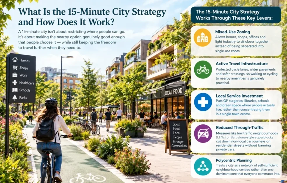 Infographic illustrating the 15-minute city strategy through mixed-use zoning, active travel, local services, reduced through-traffic, and polycentric planning.