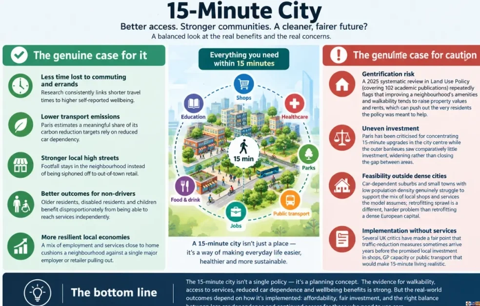 Infographic explaining the 15-minute city concept, showing potential benefits such as shorter travel, lower emissions, stronger local businesses, and better access for non-drivers, alongside concerns about gentrification, unequal investment, suburban feasibility, and insufficient local services.