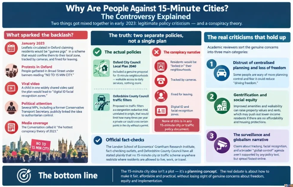 Editorial infographic explaining the 15-minute city controversy. It separates Oxford’s actual 2023 proposals for walkable neighbourhoods and traffic filters from unsupported claims that residents would be confined, tracked, or fined for leaving. It also identifies genuine criticisms involving driving freedom, gentrification, social equity, and surveillance concerns.