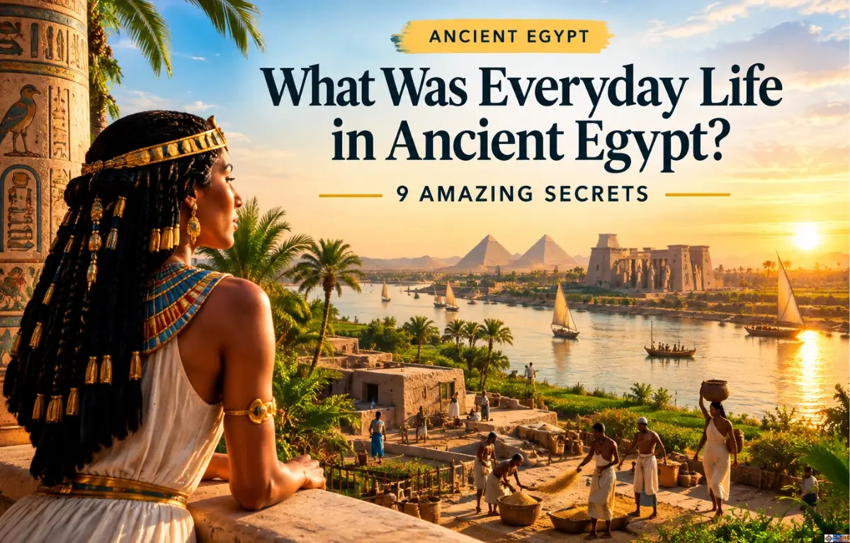 An illustration looking out over an ancient Egyptian village by the Nile River, featuring a woman in traditional Egyptian attire and headdress in the foreground and pyramids in the distance.