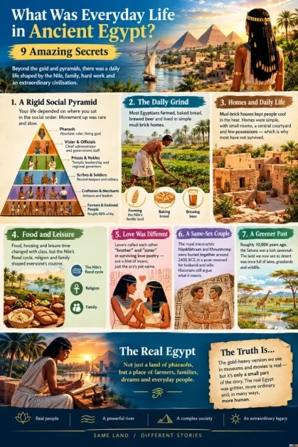 An infographic exploring What Was Everyday Life in Ancient Egypt, highlighting social pyramids, mud-brick homes, farming, and culture.