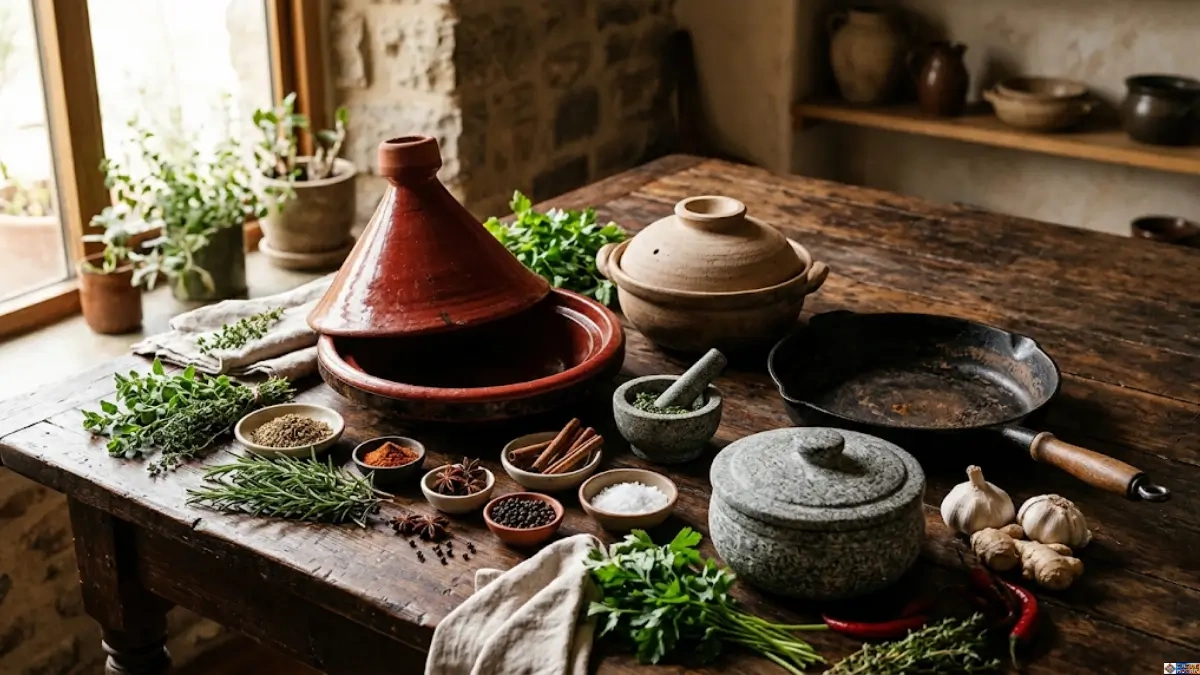 Ancestral cookware history featuring a traditional clay tagine, donabe pot, cast iron skillet, and carved soapstone vessel