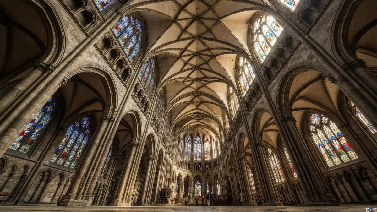 Wide-angle interior view showcasing Gothic architecture key features, including intricate stone ribbed vaults, pointed arches, clustered piers, and tall stained glass windows.