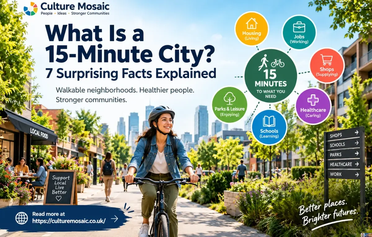 Culture Mosaic promotional banner for "What Is a 15-Minute City? 7 Surprising Facts Explained," featuring a smiling woman cycling down a leafy urban street, accompanied by a diagram illustrating the 15-minute neighborhood concept (housing, jobs, shops, healthcare, schools, and parks)