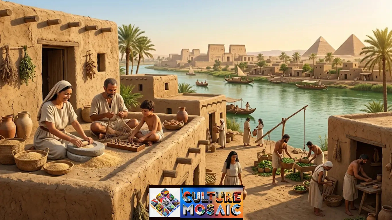 An immersive hero image capturing a bustling ancient Egyptian village scene along the Nile at golden hour, illustrating what was everyday life in ancient Egypt by showing a family on their rooftop mending nets and grinding grain, alongside active agricultural labor and boats.