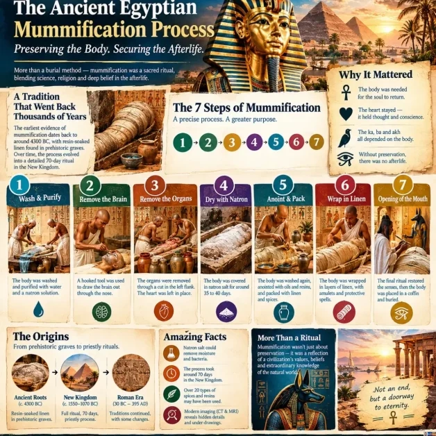 An educational visual infographic titled "The Ancient Egyptian Mummification Process History: Preserving the Body, Securing the Afterlife" featuring King Tutankhamun's gold mask and the Pyramids at Giza at the top. The infographic outlines the seven sequential embalming steps: 1) Wash & Purify, 2) Remove the Brain, 3) Remove the Organs, 4) Dry with Natron, 5) Anoint & Pack, 6) Wrap in Linen, and 7) Opening of the Mouth ceremony. Additional sections detail spiritual beliefs (ka, ba, and akh), historical origins from 4300 BC to the Roman Era, amazing facts about natron salt and CT scanning, and the cultural significance of ancient Egyptian burial rites.