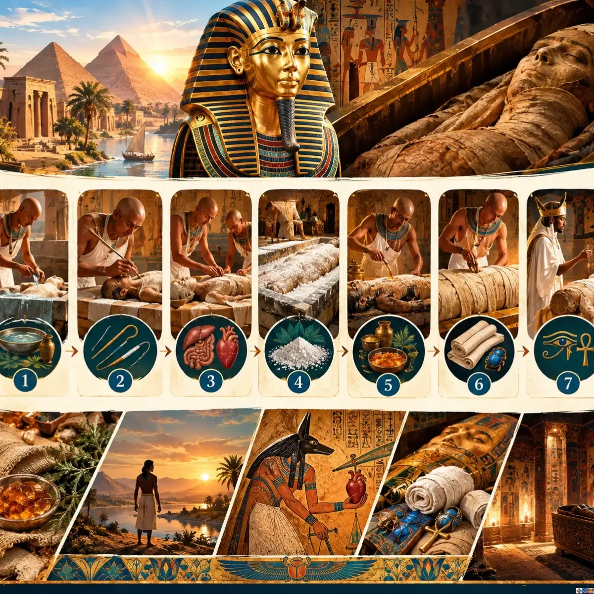 A detailed digital composite illustration with an overall Ancient Egyptian theme. The top section shows iconic imagery: a view of the pyramids and temples at sunset, a sailing boat, the famous gold death mask of King Tutankhamun, and an exposed wrapped mummy in its sarcophagus. Below this is a central horizontal banner showing seven numbered, circular steps (1-7) in a step-by-step process of mummification. Each circular frame contains a realistic scene of a priest or assistant performing a task on a body on an embalming table, with a specific icon representing the stage below it, all linked by arrows. Below the banner, five smaller, diagonal panels create a narrative sequence: a bowl of offerings, a priest viewing a pyramid at sunset, the god Anubis with the heart of the deceased on scales, the final mummy with grave goods, and a decorated tomb interior. The whole image has a warm, painterly art style with golden borders and wing motifs at the bottom.