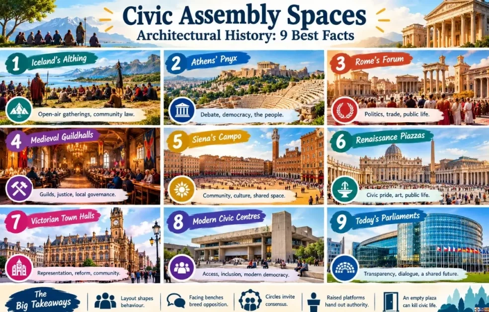 Civic Assembly Spaces Architectural History: A circular schematic illustration showing ten landmark civic assembly spaces across history surrounding a central municipal hall, including Iceland’s Althing, West African palaver trees, the Athenian Pnyx, the Roman Forum, medieval guildhalls, Siena’s Campo, and modern glass parliaments.
