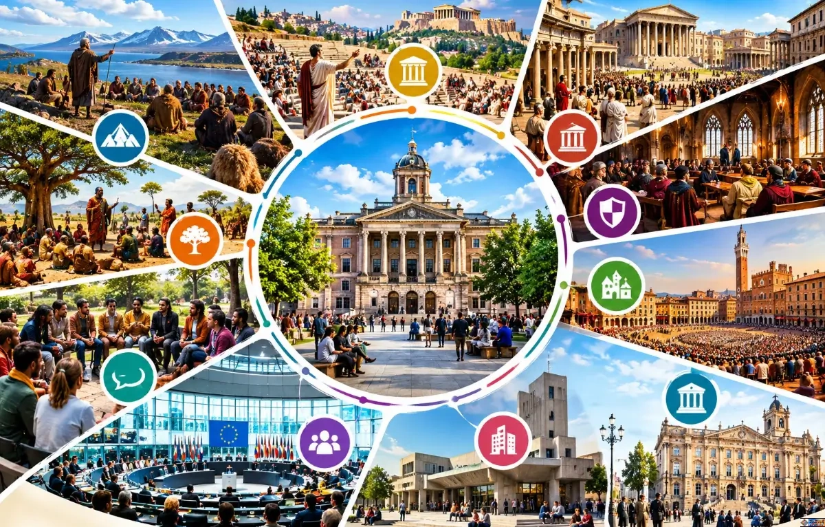 A circular schematic illustration showing ten landmark civic assembly spaces across history surrounding a central municipal hall, including Iceland’s Althing, West African palaver trees, the Athenian Pnyx, the Roman Forum, medieval guildhalls, Siena’s Campo, and modern glass parliaments.