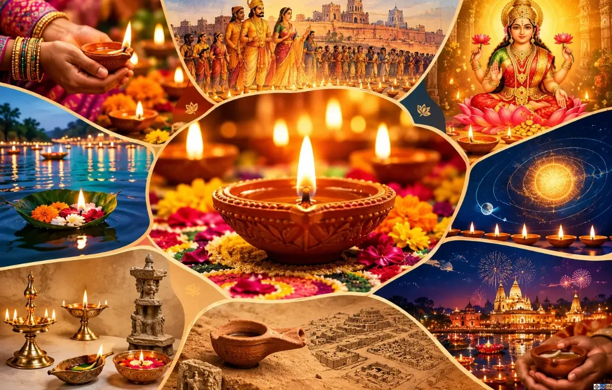 Diwali diya lighting meaning and history cultural collage showing clay oil lamps, Lakshmi puja, floating patravali lamps, ancient Harappan pottery, and Ayodhya Deepotsav