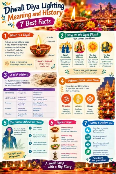 Infographic summarizing Diwali diya lighting meaning and history in 7 facts including diya anatomy, history, multifaith traditions, and safety tips