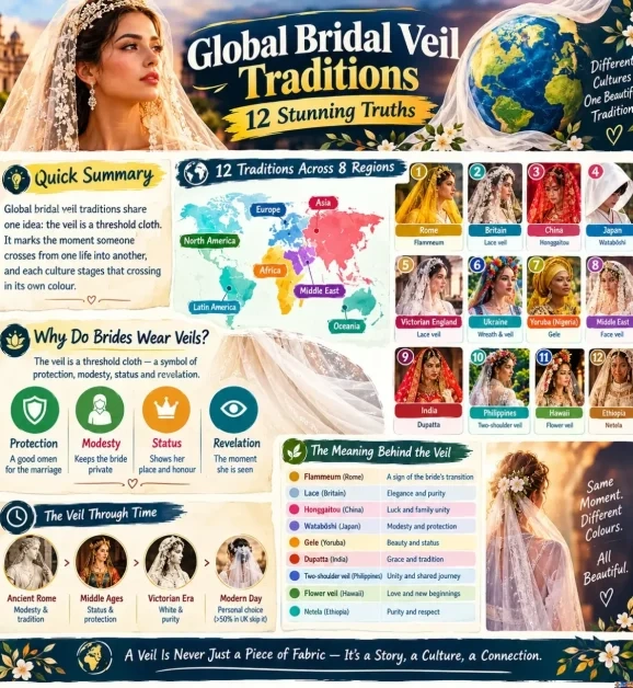 Infographic outlining 12 global bridal veil traditions across 8 regions, explaining cultural meanings and history.