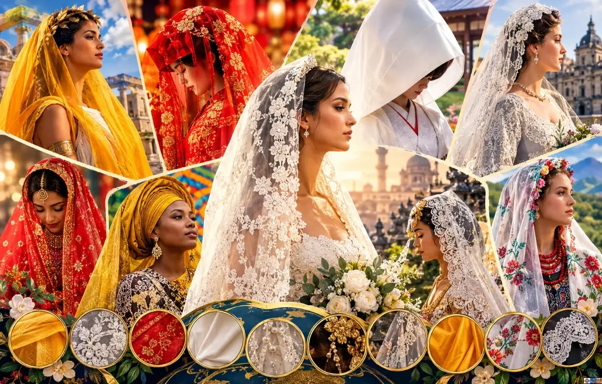 Collage of brides wearing traditional global wedding veils and head coverings including Roman, Chinese red silk, Japanese watabōshi, and lace styles.