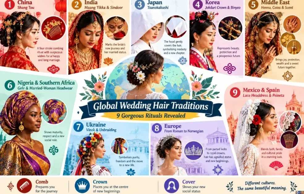 Infographic titled "Global Wedding Hair Traditions: 9 Gorgeous Rituals Revealed" displaying nine numbered panels with photos and explanations of bridal hair customs from China, India, Japan, Korea, Middle East, Nigeria, Ukraine, Europe, and Mexico/Spain.