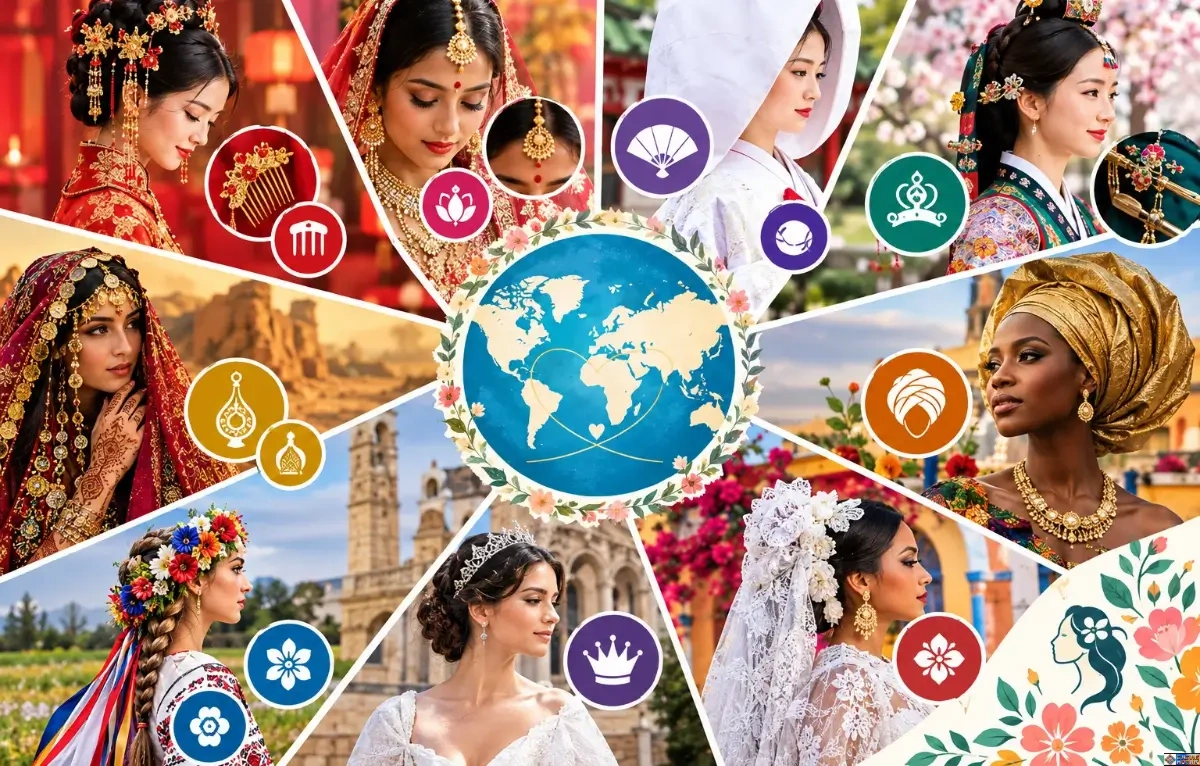 A collage of nine brides from around the world wearing traditional bridal headwear, hair ornaments, and veils surrounding a central illustration of a globe surrounded by flowers.
