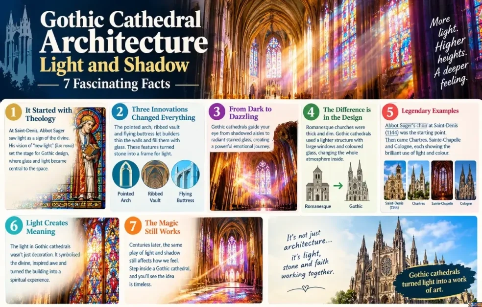 An infographic titled "Gothic Cathedral Architecture Light and Shadow: 7 Fascinating Facts" outlining seven key points: theological origins with Abbot Suger, structural innovations, light progression, Romanesque vs Gothic comparisons, key cathedral examples, spiritual meaning, and architectural impact.