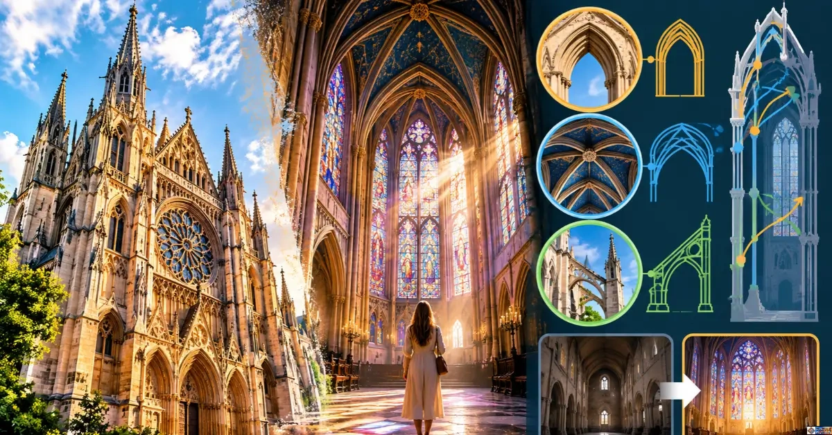 Split collage illustrating Gothic cathedral architecture light and shadow, featuring a cathedral exterior, a sunlit interior with stained glass windows, structural diagrams of pointed arches, ribbed vaults, and flying buttresses, and a Romanesque to Gothic contrast.