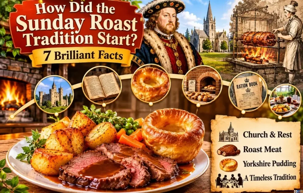 illustrative banner featuring a plate of roast beef, crispy potatoes, and Yorkshire pudding alongside historical icons depicting King Henry VIII, a spit roast, an old ration book, a bakehouse oven, and a medieval church.