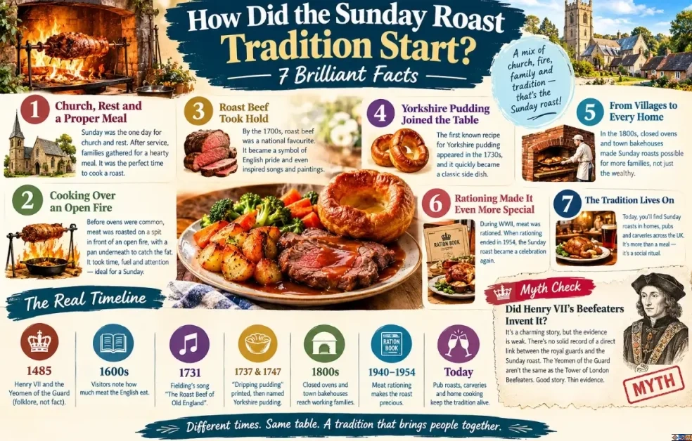 How Did the Sunday Roast Tradition Start? An infographic illustrating seven historical facts about how the Sunday roast tradition started, featuring a plate of roast beef, Yorkshire pudding, and roast potatoes alongside a timeline spanning from 1485 to the present day.