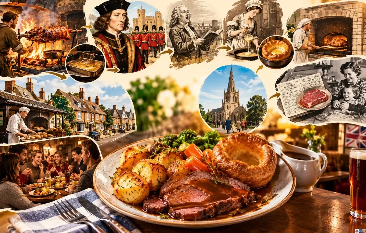 An illustrative timeline collage tracing the history of the Sunday roast, from spit-roasting over open fires, Henry VII, and 18th-century Yorkshire puddings to village bakehouses, wartime rationing, and a modern plated roast beef meal with gravy, potatoes, and Yorkshire pudding.