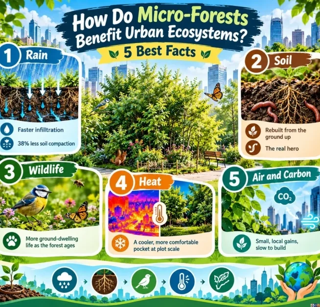 Infographic illustrating how urban micro-forests benefit urban ecosystems through stormwater retention, soil regeneration, wildlife habitats, cooling, and carbon absorption.