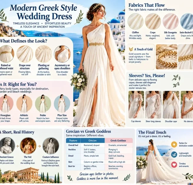 modern greek style wedding dress guide infographic showing fabrics silhouettes body types and gold accessories