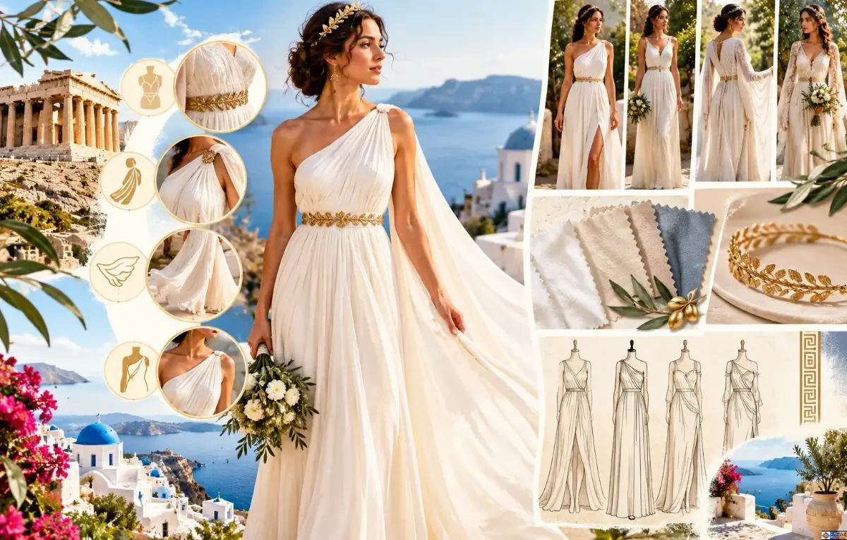 modern greek style wedding dress with gold leaf belt and flowing cape veil overlooking santorini