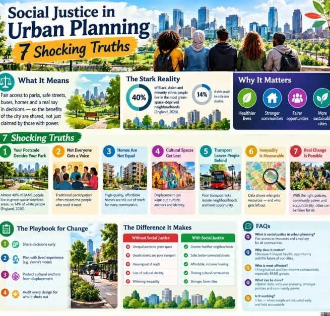An infographic summarizing seven crucial truths about social justice in urban planning, detailing green space disparities, community participation playbooks, and equitable city design   .