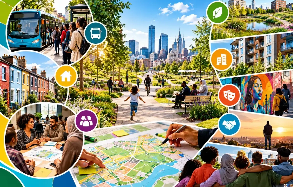 A vibrant graphic collage illustrating social justice in urban planning, featuring public transit, community parks, participatory workshops, green housing, and street murals.