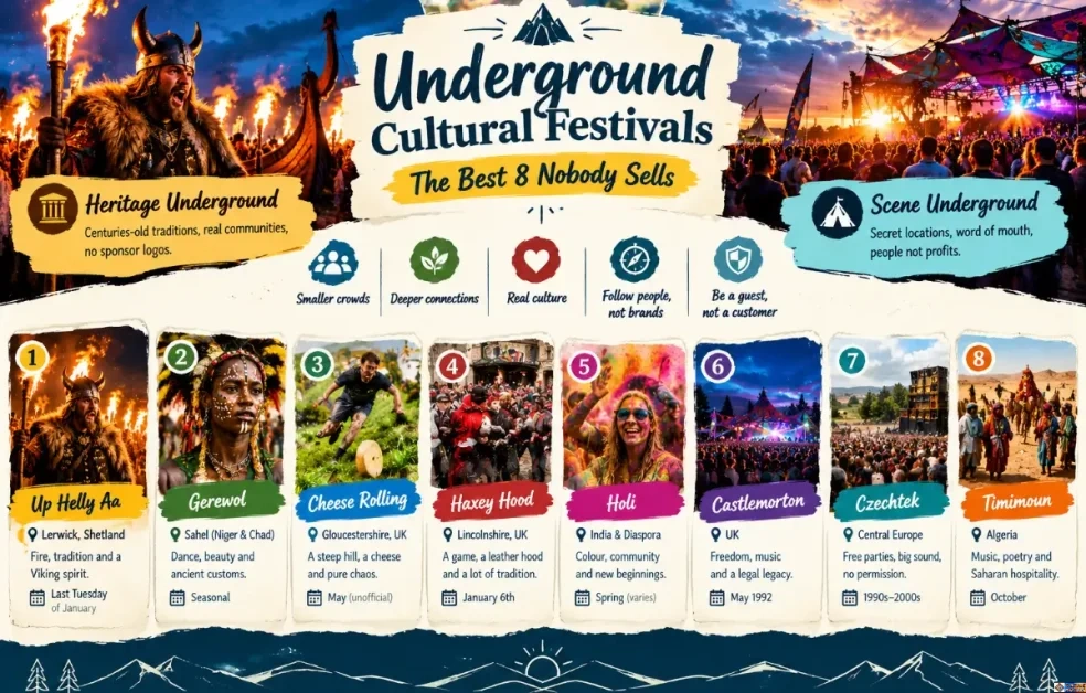 Infographic titled "Underground Cultural Festivals: The Best 8 Nobody Sells You Tickets To", dividing events into Heritage Underground (Up Helly Aa, Gerewol, Cheese Rolling, Haxey Hood, Holi) and Scene Underground (Castlemorton, Czechtek, Timimoun) with dates and locations.