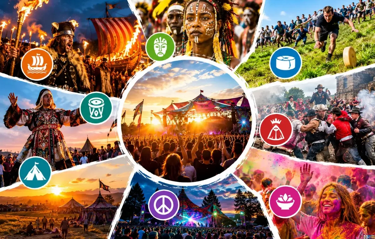 A multi-panel collage representing global underground cultural festivals, including Shetland Viking torch processions, Sahel Wodaabe rituals, Gloucestershire cheese rolling, traditional Holi celebrations, and open-air music gatherings.