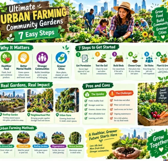 Infographic titled Ultimate Urban Farming Community Gardens 7 Easy Steps covering benefits, starter steps, real impacts, pros and cons, and growing methods