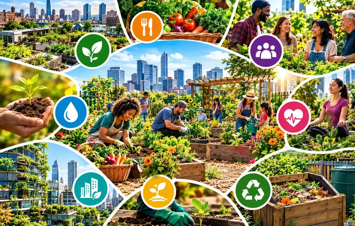 Photomontage of urban farming community gardens showing residents tending raised beds, harvesting vegetables, and composting set against a city skyline