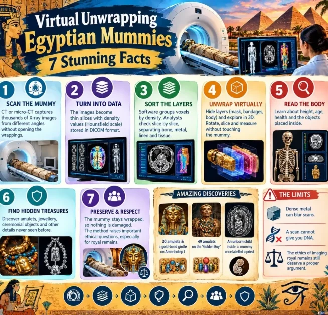 Infographic detailing virtual unwrapping Egyptian mummies through 7 key facts, showing CT scanning stages, hidden amulets, and imaging technology.