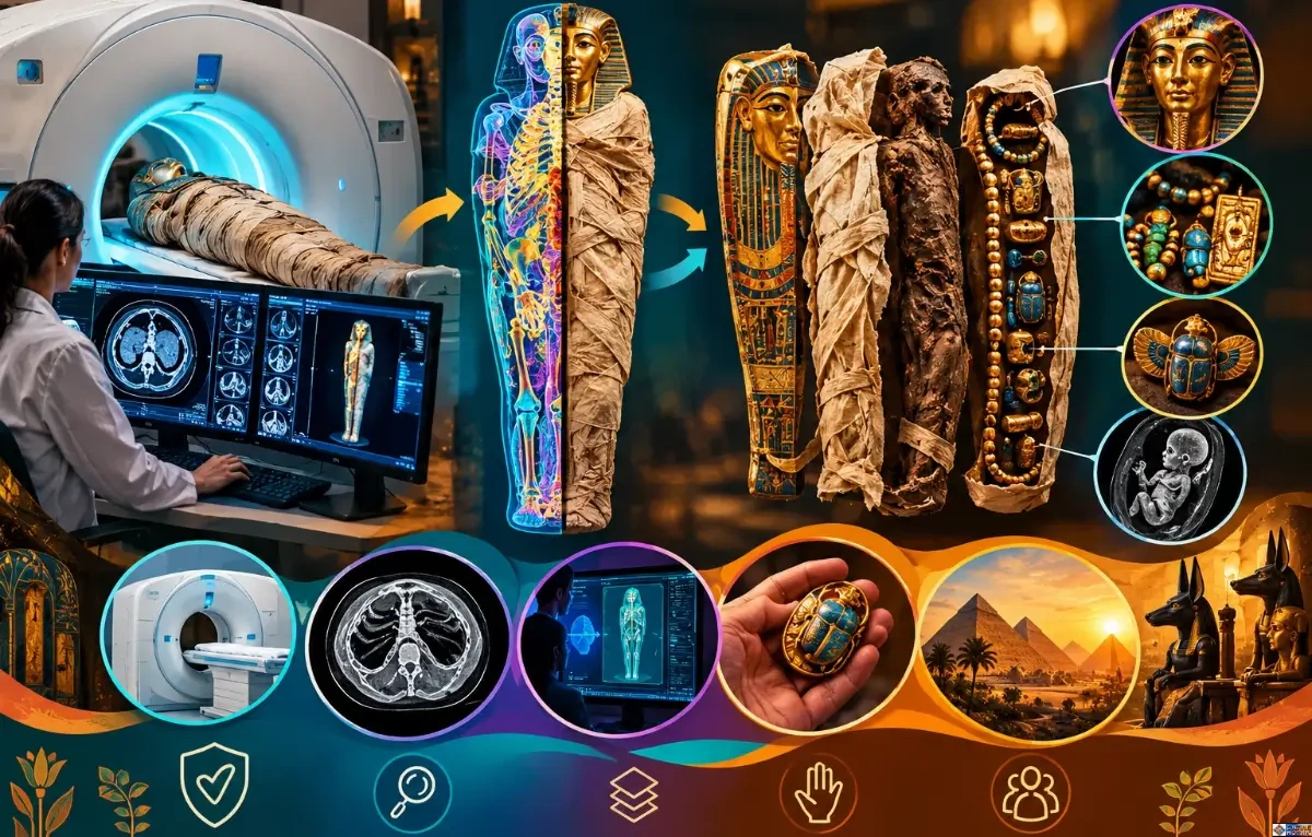 A cinematic educational illustration of virtual Egyptian mummy unwrapping, showing a CT scanner, digital skeletal scans, ancient linen wrappings, a golden funerary mask, protective amulets, and Egyptian pyramids.