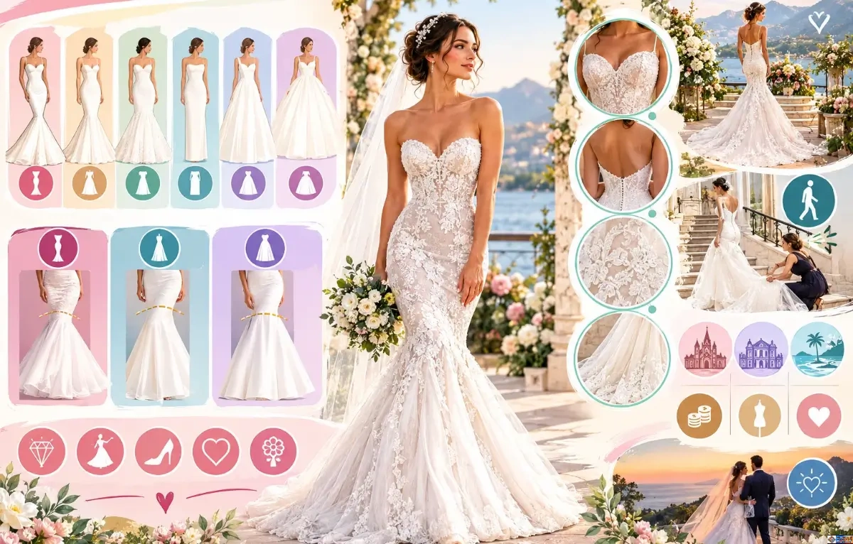 Elegant bride wearing a fitted lace mermaid wedding dress with a dramatic flared train, surrounded by visual illustrations comparing bridal silhouettes, showcasing fabric details, wedding styling, and venue inspiration.