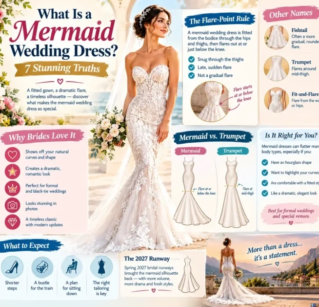 Infographic titled "What Is a Mermaid Wedding Dress? 7 Stunning Truths" featuring a bride in a strapless lace mermaid gown, comparing the mermaid silhouette flare point at the knee to trumpet and fit-and-flare styles.