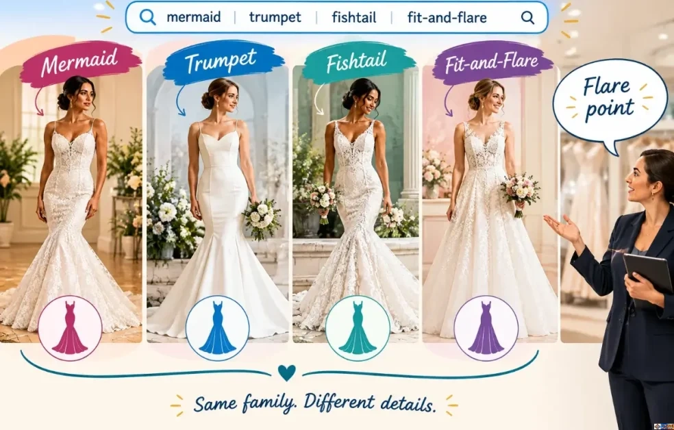 Side-by-side comparison of four bridal dress silhouettes—Mermaid, Trumpet, Fishtail, and Fit-and-Flare—demonstrating how flare points differ across gown styles.