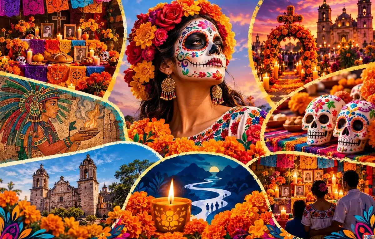 Collage of Day of the Dead traditions featuring a woman with Catrina face paint, bright marigolds, family ofrenda altars, sugar skulls, papel picado banners, and pre-Hispanic artwork.