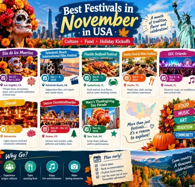Infographic guide to the best festivals in November in USA, highlighting 2026 event dates, locations, cultural celebrations, food fests, and holiday parades.