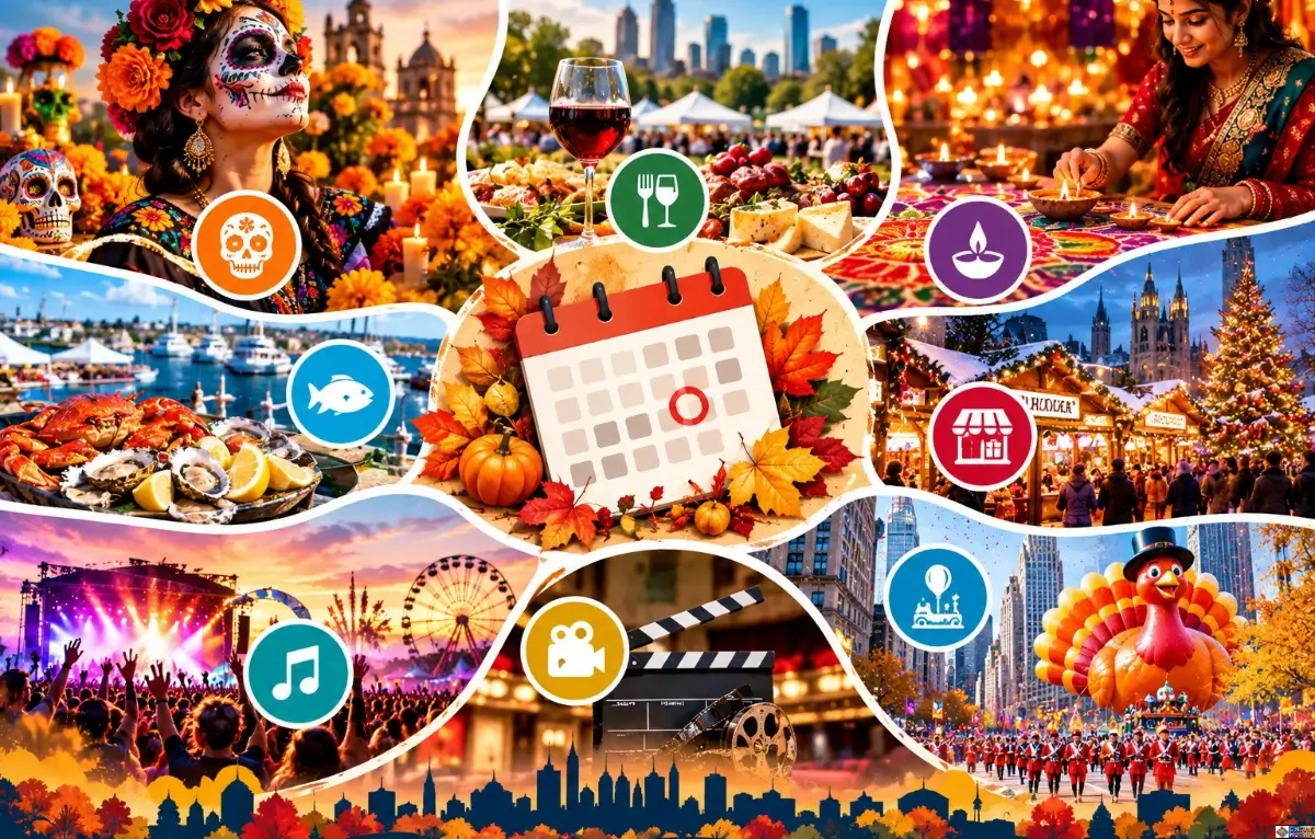 Colorful collage showcasing major festivals in November in USA, including Día de los Muertos, Austin Food and Wine, Diwali, seafood fests, music concerts, Christkindlmarket, and Thanksgiving parades.