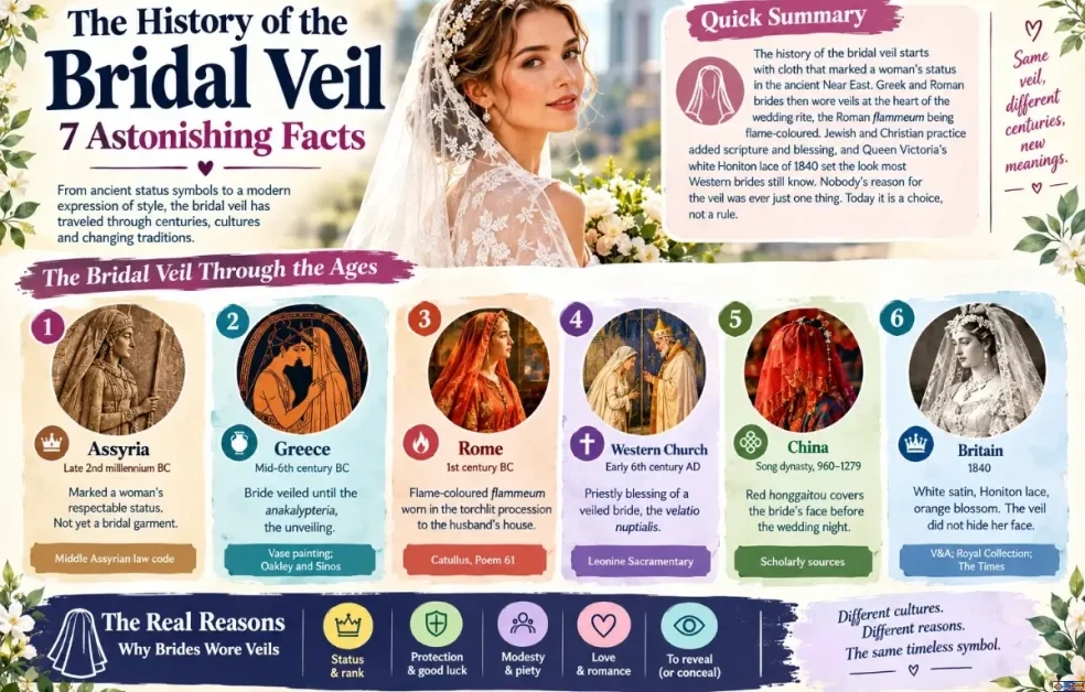 Infographic titled 'The History of the Bridal Veil: 7 Astonishing Facts' showing a timeline of wedding veil traditions from Assyria, Greece, and Rome to China, the Western Church, and Victorian Britain.